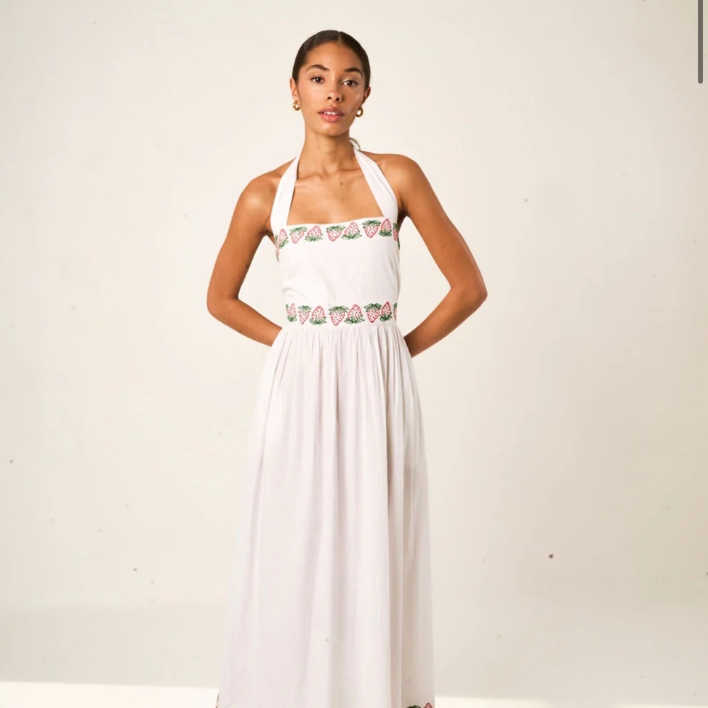 Lamare Gold Size Medium White Maxi Dress with Berry Details